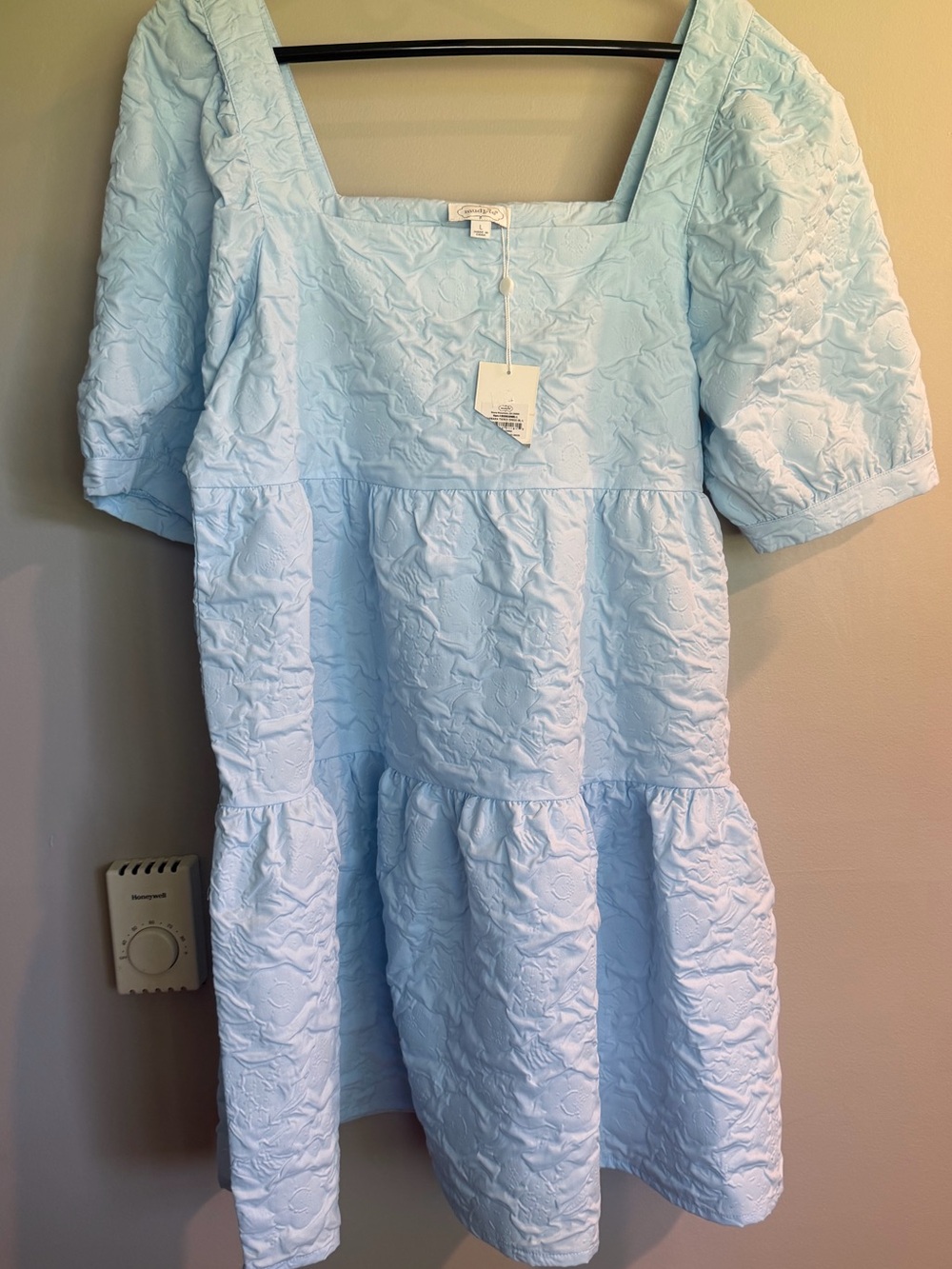 Light Blue Textured Puff-Sleeve Dress